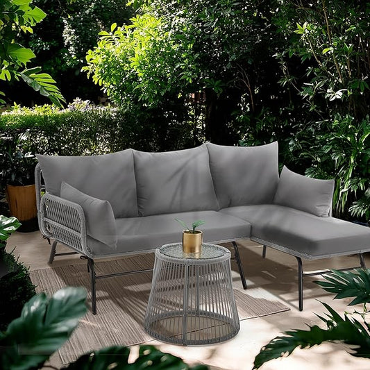 Bezseller 3-Piece Outdoor Patio Furniture Set, L-Shaped Rattan Sectional Sofa with Thick Cushions, Glass Coffee Table – All-Weather Conversation Set for Backyard, Porch, Poolside