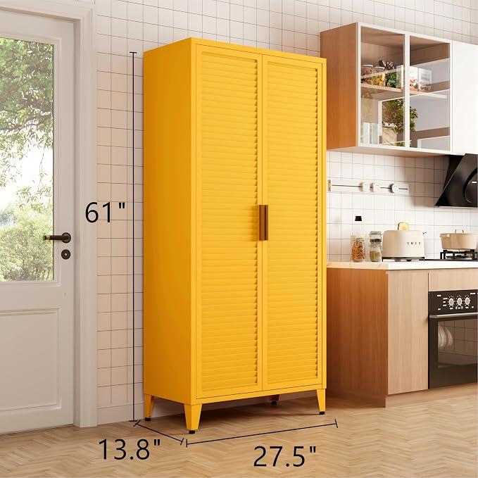 61" Tall Yellow Kitchen Pantry Cabinet, Farmhouse Metal Pantry Storage Cabinets, with 2 Louvered Door and 3 Adjustable Shelves, Multipurpose Storage Organizer, for Home, Entryway, Kids Room