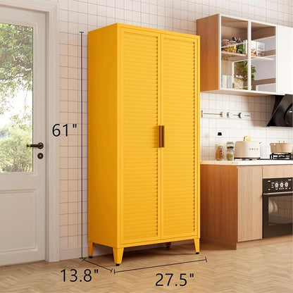 61" Tall Yellow Kitchen Pantry Cabinet, Farmhouse Metal Pantry Storage Cabinets, with 2 Louvered Door and 3 Adjustable Shelves, Multipurpose Storage Organizer, for Home, Entryway, Kids Room