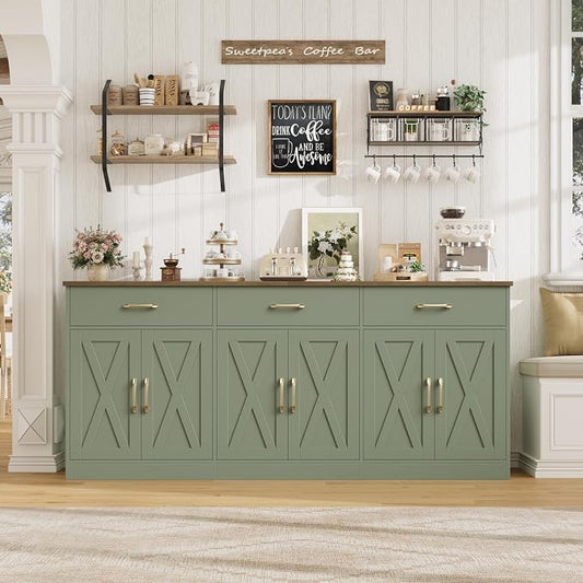 HOSTACK 71" Large Sideboard Buffet Cabinet with Storage, Farmhouse Coffee Bar Cabinet with 3 Drawers, Long Kitchen Buffet Table, Kitchen Sideboard Storage Cabinet for Dining, Living Room, Green/Brown