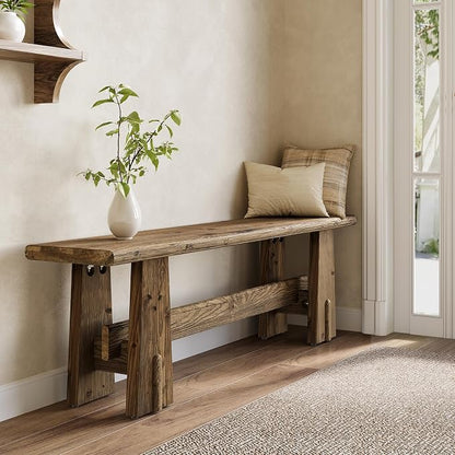 LITTLE TREE 59" Solid Wood Bench, Farmhouse Entryway Bench, Long Retro Bench for End of Bed, Dining Room, Entryway, Hallway, Living Room, Bedroom, Kitchen, Sturdy Frame Design, Rustic Brown
