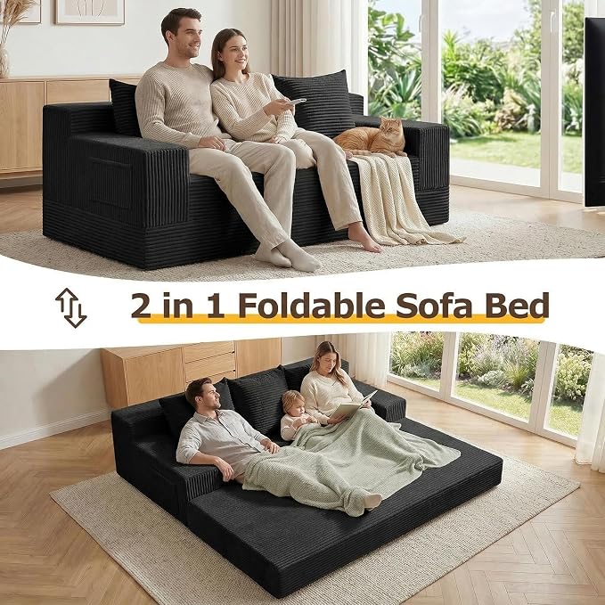 cidludto Convertible Sofa Bed, 78" Oversized Boneless Loveseat Couch 2 in 1 Foldable Futn Bed Couch in A Box, Folding Sofa Chair for Living Room, No Assembly Required, Black