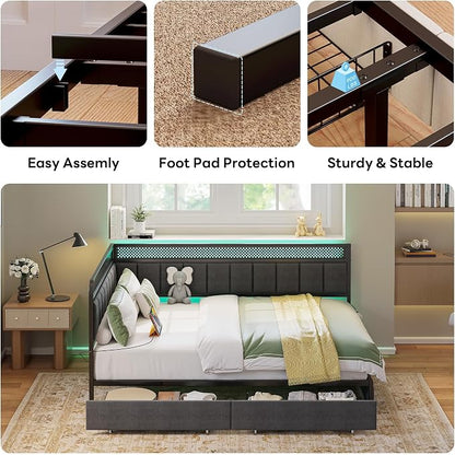 LIKIMIO Full Corner Bed Frame, Modern Daybed with Upholstered Guardrail | Under-Bed Storage Drawers, Built-in Charging Station, Adjustable Smart LED Lights, Gray