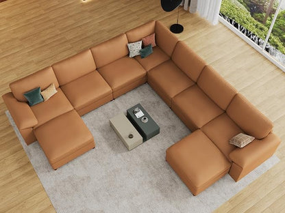 EASE MOOSE Oversized U Shaped Couch,Modular Sectional Convertible Sofa with Wide Deep,Extra Large Faux Leather Scratch Resistant Modern Couch for Big Spaces,Brown