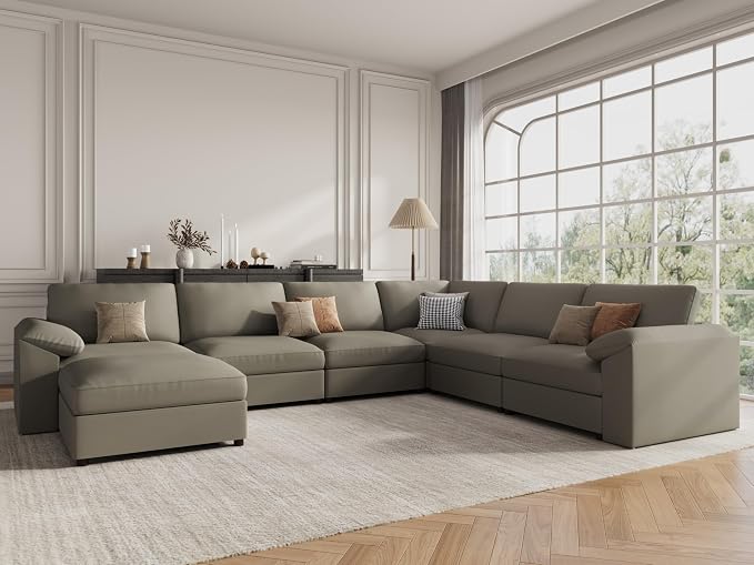 EASE MOOSE Faux Leather Sectional with Ottoman, Oversized Modular Couch, Modular Sectional Sofa with Deep Seat, Scratch Resistant Faux Leather Material, U Shaped Couch for Big Spaces, Light Grey