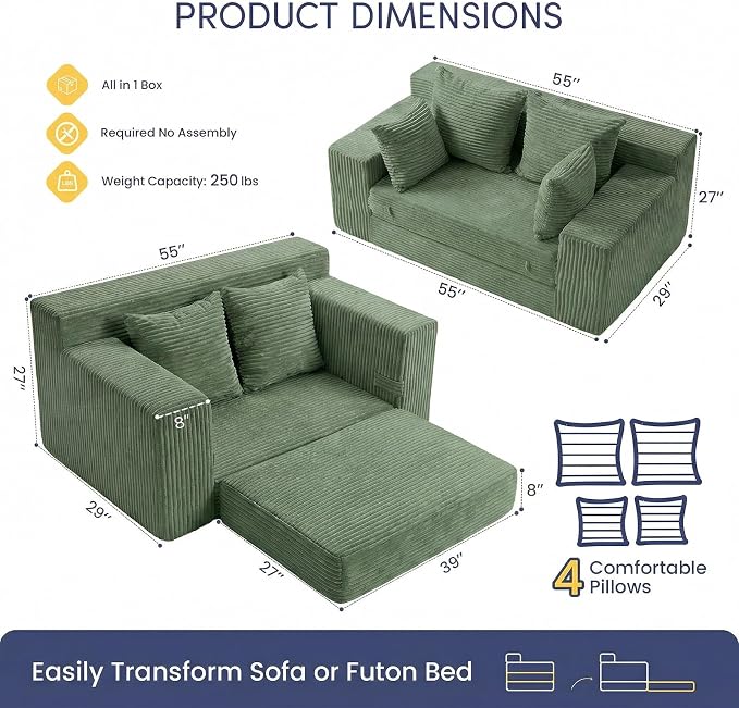 cidludto Convertible Sofa Bed, Boneless Couch 2 in 1 Loveseat Folding Couch Bed Foldable, Chair Bed & Futon Sofa Bed, Small Corduroy Pull Out Sofa with 4 Pillows for Living Room, Green