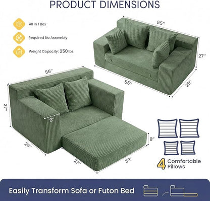 cidludto Convertible Sofa Bed, Boneless Couch 2 in 1 Loveseat Folding Couch Bed Foldable, Chair Bed & Futon Sofa Bed, Small Corduroy Pull Out Sofa with 4 Pillows for Living Room, Green