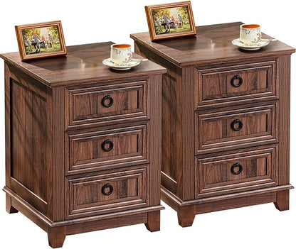 Joaxswe Farmhouse Nightstand Set of 2, 18 Inch End Table with 3 Drawer Metal Handle, Dresser for Bedroom, Sofa Bed Side Table Chest of Drawers,Wood Night Stand Cabinet for Organizer, Living Room-Brown