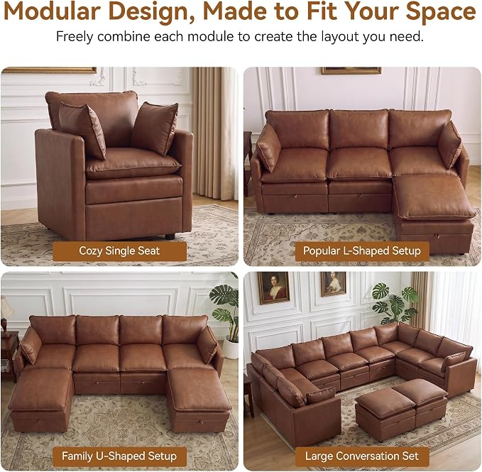 80" Brown Faux Leather Storage 3 Seater Sofa, Modular Sectional Cloud Sofa | Modern Deep Seat Cloud Upholstered Sofa with Armrest, Convertible 3 Seater Comfy Sofa for Living Room, Bedroom, Small spaces