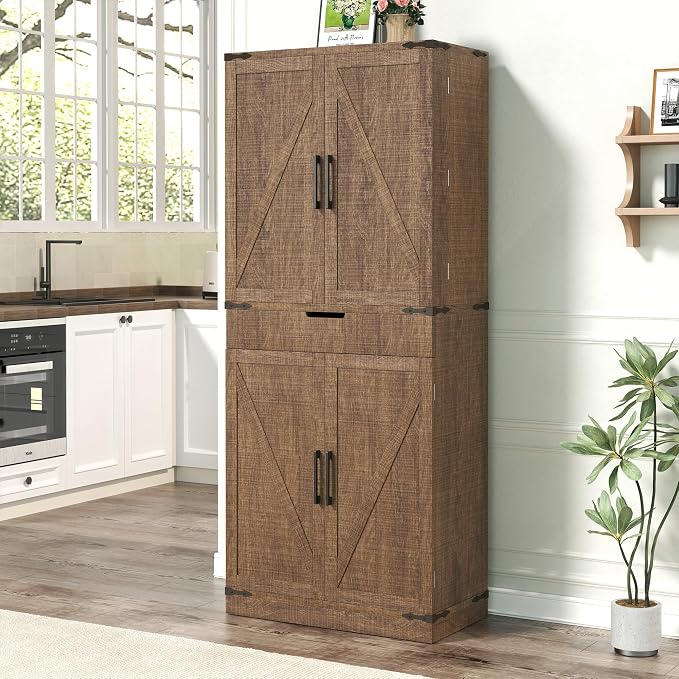 GRUSIGN 72" Kitchen Pantry Storage Cabinet with Doors and Shelves, Wood Farmhouse Pantry Storage with Barn Doors for Kitchen, Dining Room, Living Room, Dark Brown