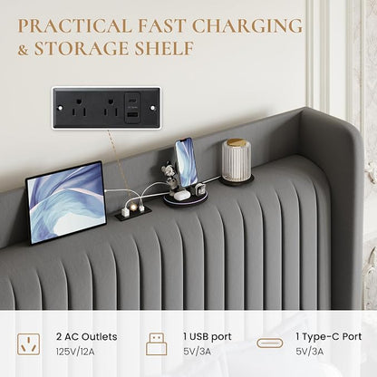 SHA CERLIN King Size Velvet Bed Frame with USB Charging Station, Wingback Storage Headboard, Upholstered Platform Bed with Wooden Slats Support, No Box Spring Needed, Easy Assembly, Grey