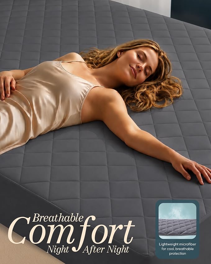 A woman in a satin slipdress reclines on a dark gray quilted mattress, with the text 'Breathable Comfort Night After Night' and a small inset showing the mattress texture.