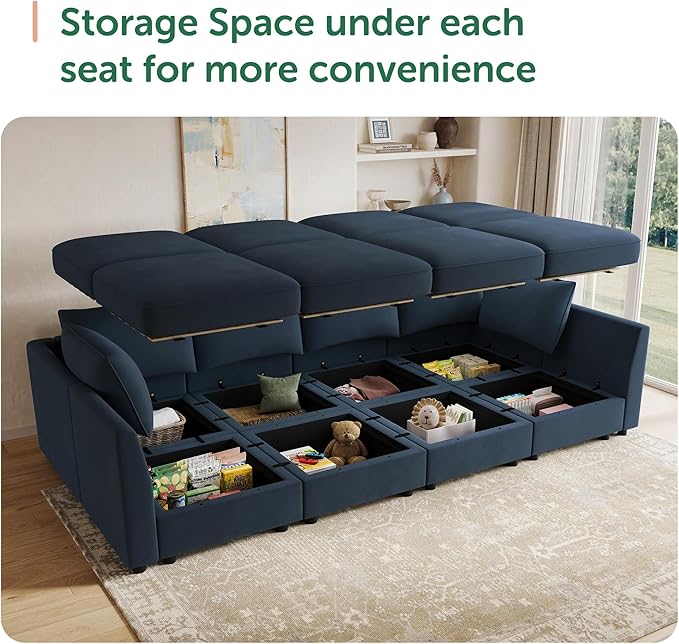 HONBAY Modular Sectional Sleeper Sofa Velvet Sleeper Couch with Storage Seats Oversized Sectional for Living Room,Dark Blue