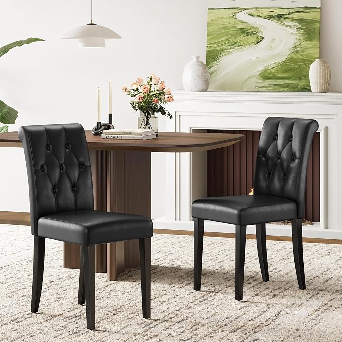 Welzona Upholstered Dining Chairs Set of 2, Button Tufted Parsons Dining Chair with Solid Wood Legs, Modern PU Leather Side Chair for Dining Room/Kitchen/Restaurant/Hotel- Black