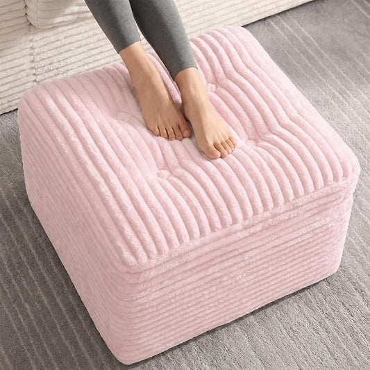 23.6in Pouf Ottoman, Corduroy Ottoman Foot Rest with Dual‑Layer Support, Large Poofy Pouf with Soft Chunk‑Foam Top & Firm Foam Base, Floor Foot Stool for Living Room, Pink