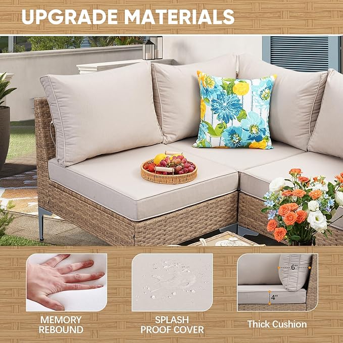 JOYURE 7 Piece Wicker Patio Furniture Set,Outdoor Conversation Sectional Sofa w/Coffee Table,All-Weather Outdoor Sofa with Thick and Anti-Slip Cushions for Deck,Poolside,Garden,Beige