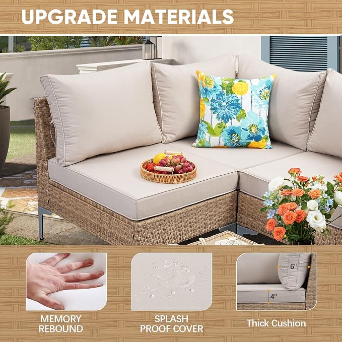 JOYURE 5 Piece Wicker Patio Furniture Set,Outdoor Conversation Sectional Sofa w/Coffee Table,All-Weather Outdoor Sofa with Thick and Anti-Slip Cushions for Deck,Poolside,Garden,Beige