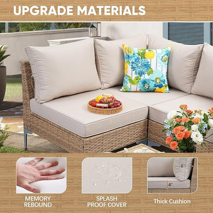 JOYURE 5 Piece Wicker Patio Furniture Set,Outdoor Conversation Sectional Sofa w/Coffee Table,All-Weather Outdoor Sofa with Thick and Anti-Slip Cushions for Deck,Poolside,Garden,Beige