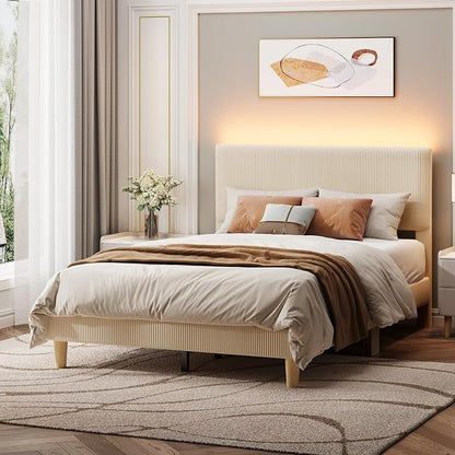 Bestier Full Bed Frame with Adjustable Headboard, LED Lighting, Vertical Channel Tufted Corduroy Upholstered, Solid Wooden Slats Support, No Box Spring Needed, Never Squeaks, Easy Assembly, Beige