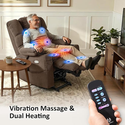 MCombo Triple Motor Lay Flat Power Lift Recliner Chair for Tall Elderly, Infinite Position, Massage, Dual Heating, Adjustable Headrest, Fabric 7634 (Coffee, Large)