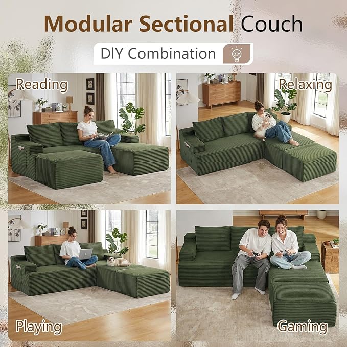 96" Cloud Sectional Couch U-Shaped Chaise with Ottoman, Corduroy Boneless Couch for Living Room Bedroom, Deep-Seat Upholstered Modular Cloud Sofa, No Assembly Required (Green, Right Facing Chaise)