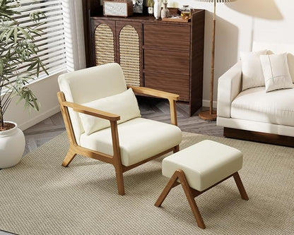 Modern Accent Chair and Ottoman Set, Mid-Century Faux Leather Upholstered Lounge Armchair with Solid Wood Frame & Comfortable Cushion for Living Room, Bedroom, Balcony, Beige