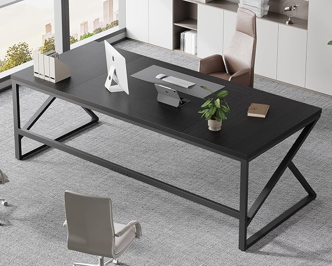 HSH Extra Long Black Computer Desk, 78 inch Large Home Office 2 person Desk, Industrial Metal Wood double Desk for Executive Work Writing Study, Modern Black Bedroom Living Room PC Laptop Gaming Table