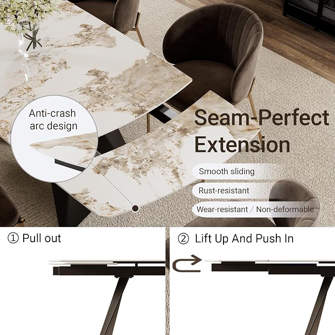 Honyee Extendable Dining Table with Leaf, 65 to 95 Inch Rectangular Sintered Stone, Modern Large Dining Room Table Seats 6 8 10 12, Metal Base, Marble Look for Family Gatherings