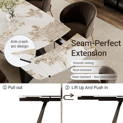 Honyee Extendable Dining Table with Leaf, 65 to 95 Inch Rectangular Sintered Stone, Modern Large Dining Room Table Seats 6 8 10 12, Metal Base, Marble Look for Family Gatherings