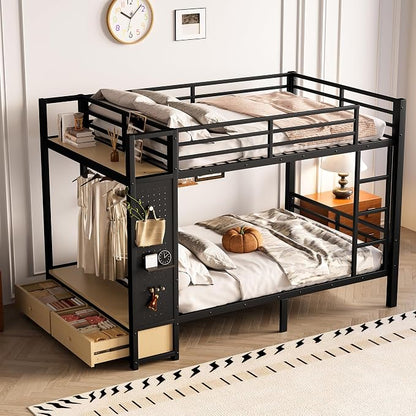 Bellemave Full Over Full Metal Bunk Bed with Storage Drawers and Shelves, Heavy Duty Bunk Beds with Pegboard and Coat Rack for Kids, Adults,Black、