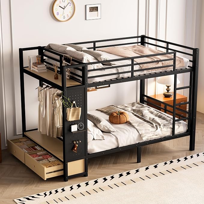 DNYN Full Over Full Metal Bunk Bed with 2 Drawers and Built-in Wardrobe for Teens Bedroom/Dorm/Staff Housing, Space-Saving Bed Frame with Storage Shelves and Pegboard, No Box Spring Needed