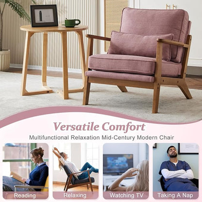 VINGLI Solid Wood Wide Armrests Accent Chair Set of 2,Upholstered Mid Century Modern Chair with Pillow,Farmhouse Arm Chair Comfy Chair,Chairs Living Room,Bedroom,Guest Room,Linen Fabric,Peachy Red