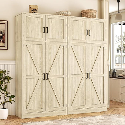 Unikito 71” Farmhouse Kitchen Pantry Cabinet, Large Storage Cabinet with Adjustable Shelves and Barn Doors, Versatile Tall Storage Cupboard for Dinning Room, Bathroom, Living Room, Wash Gray, 2 Pack