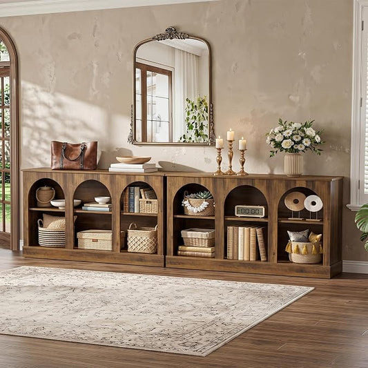Tribesigns Farmhouse Console Table Set of 2, Extra Long Entryway Table with 3 Tier Storage, Wooden Rectangular Sofa Table Behind The Couch for Entrance, Hallway, Living Room, Brown