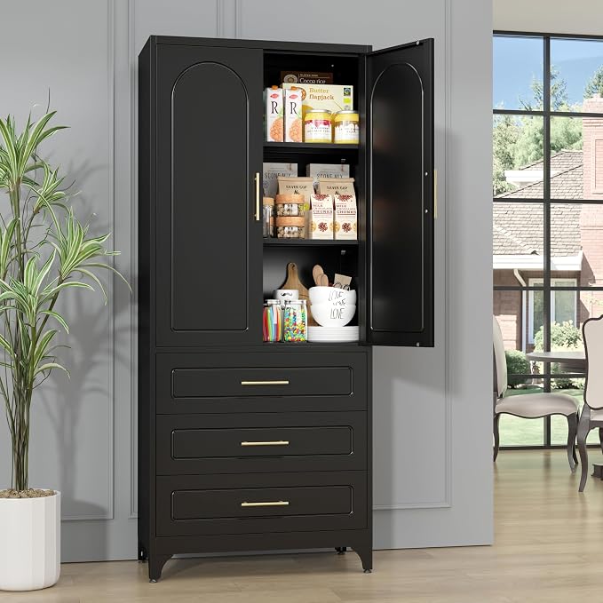 SteeLoong Metal Kitchen Pantry Storage Cabinet with 3 Drawers，75 Inch Black Food Pantry Cabinets for Kitchen Storage with 2 Adjustable Shelves,Tall Storage Cupboard for Living Room,Dining Room Office