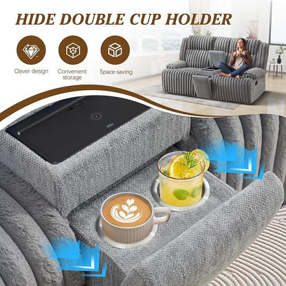 Oversized Reclining Loveseat with Hidden Cup Holders & Wireless Charger, Manual Double Recliner Sofa, Wall Hugger Loveseat Recliner with USB Ports for Living Room (Gray, Loveseat)