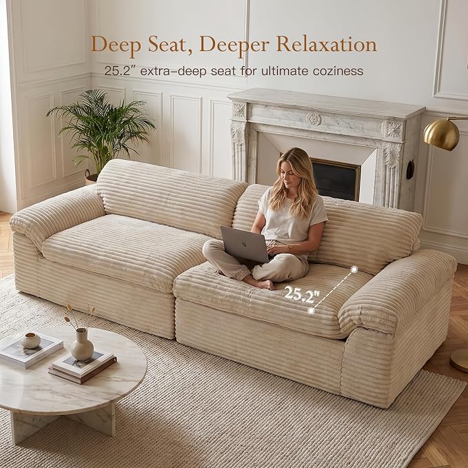 Vesgantti 118" Boneless Couches for Living Room, Cloud Sectional Couch & Deep Seat, 3 Seater Comfy Corduroy Modular Sofa, Modern Slouch Couch, No Assembly Required, Beige