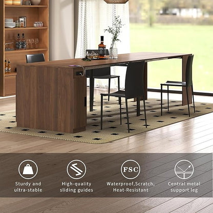 Expandable Dining Table, Transformer Console Table with Charging Ports & Storage, Extendable Folding Dining Room Table for 10-12 People, Space Saving Furniture, Walnut