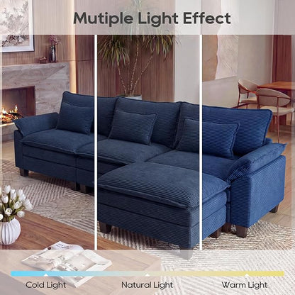 URRED Oversized Modular Sectional Sofa, 122" L Shaped Modern Comfy Cloud Couch with Movable Ottoman & Pillows, Deep Seat Couches for Living Room, Bedroom or Apartment (Corduroy Blue, 122" L Shaped)