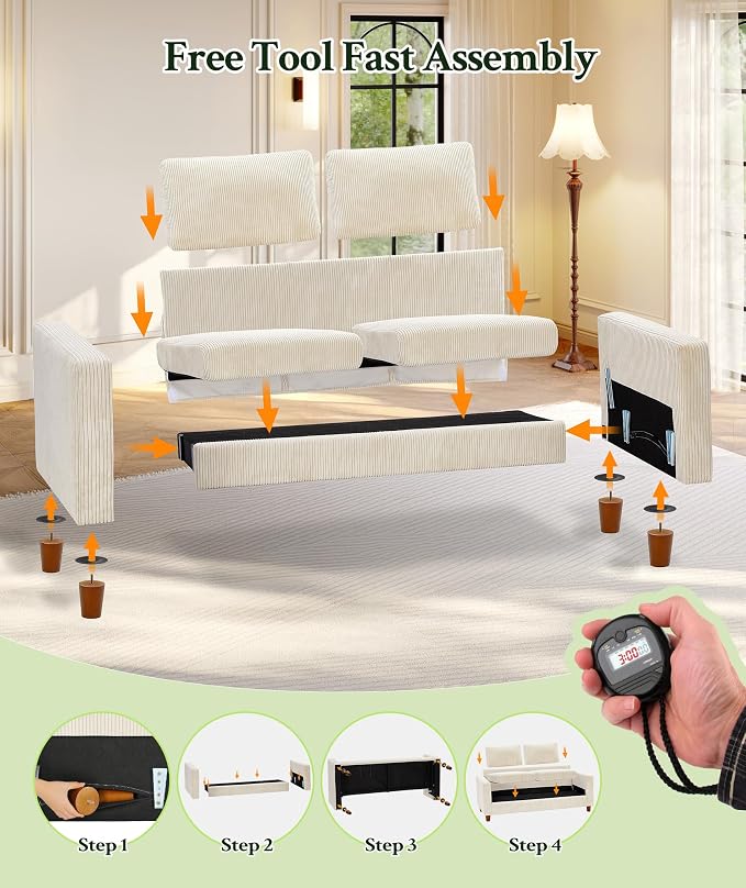 Welzona 70.2" Couches for living room, Comfy U Shaped Couch Beige 7.1" Thicker Cushion, Sofas for Living Room Tool-Free Setup, Loveseat with Ottoman 7058lbs Support, Corduroy Couch for Bedroom, Office