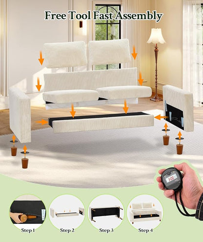 Welzona 70.2" Couches for living room, Comfy U Shaped Couch Beige 7.1" Thicker Cushion, Sofas for Living Room Tool-Free Setup, Loveseat with Ottoman 7058lbs Support, Corduroy Couch for Bedroom, Office