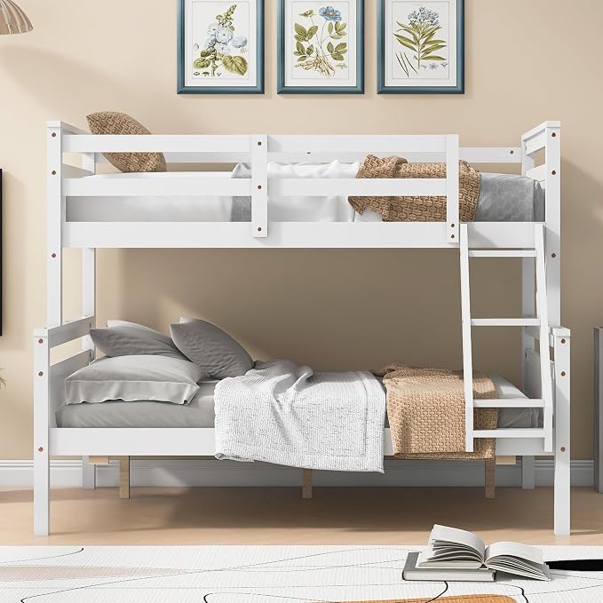 Merax Wooden Bunk Bed,Twin Over Full Bunk Bed with Ladder,Safety Guardrail,Can Be Separated into 2 Beds,Perfect for Bedroom,White