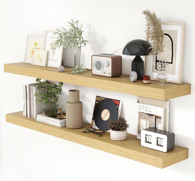 Heimlove 51 Inch Floating Shelves for Wall 8 Inch Deep Oak Shelves Set of 2,Wall Mounted Rustic Wood Long Floating Shelf，Large Display & Storage Shelf with Invisible Brackets