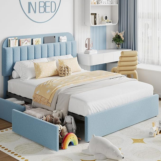 Garvee Full Size Bed Frame with 2 Flexible Drawers, Boucle Upholstered Platform Bed Frame with Bookcase Headboard, Bedframe for Kids/Boys, Easy Assembly, No Box Spring Needed, Noise Free, Blue