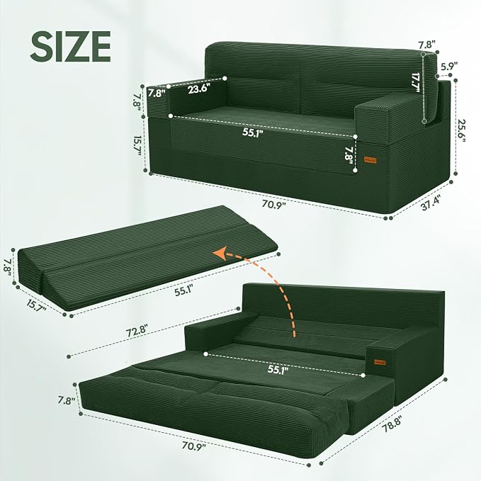 MeMoreCool Queen Sofa Bed, 4-in-1 Pull Out Couch Bed with Wedge Pillow, Boneless Futon Sleeper Loveseat, No Assembly Folding Sofa for Living Room Guest Room, Green Corduroy