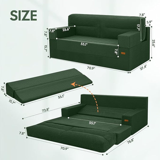 MeMoreCool Queen Sofa Bed, 4-in-1 Pull Out Couch Bed with Wedge Pillow, Boneless Futon Sleeper Loveseat, No Assembly Folding Sofa for Living Room Guest Room, Green Corduroy