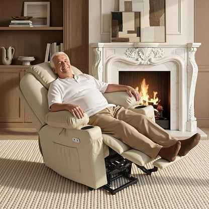 MCombo Large Power Lift Recliner Chair with Massage and Heat for Tall Elderly People, 3 Positions, Cup Holders, and USB Ports, Faux Leather 7516 (Large, Cream White)