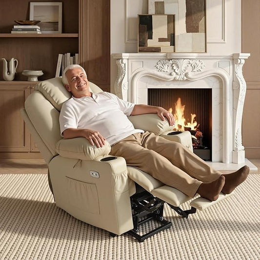 MCombo Large Power Lift Recliner Chair with Massage and Heat for Tall Elderly People, 3 Positions, Cup Holders, and USB Ports, Faux Leather 7516 (Large, Cream White)