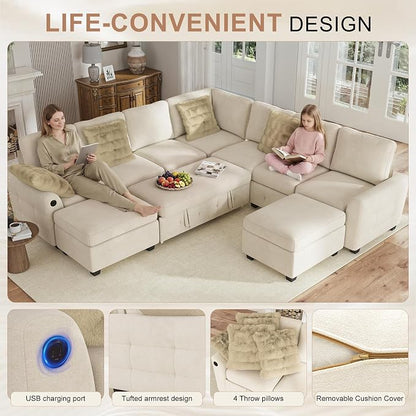 Hanherry 106" Sectional Sofa with Pull Out Couch Bed,7 Seat Corduroy Sleeper Sofa with 2 Seat Storage & USB Charging,Storage Ottoman,Comfy Modular Couches for Living Room,Apartment