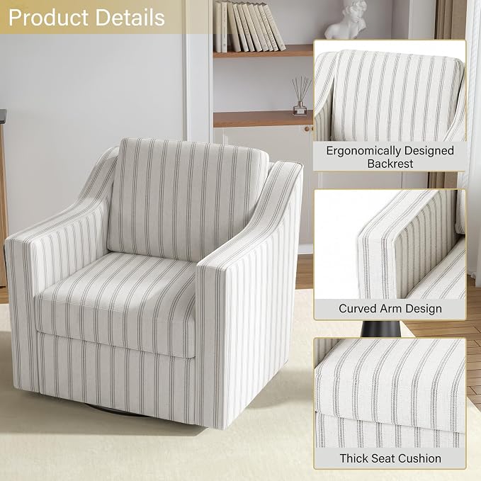 Swivel Accent Chairs Set of 2, 360° Swivel Upholstered Club Armchairs for Living Room, Comfy Reading Chair with Deep Seat, Metal Swivel Base, Pinstripe Light Gray